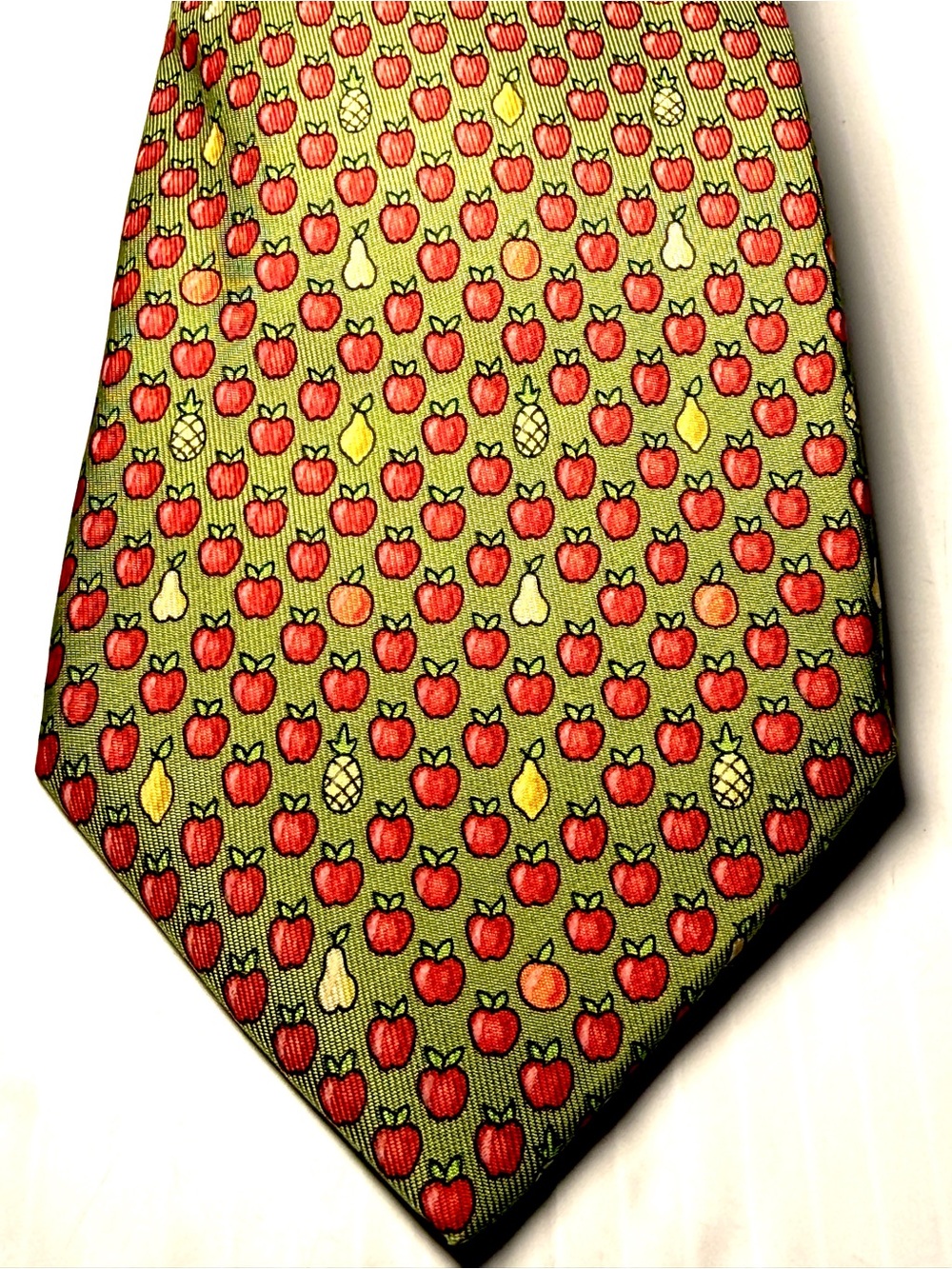 Hermes Green Silk Tie with Red Apple & Yellow Fruit Motif